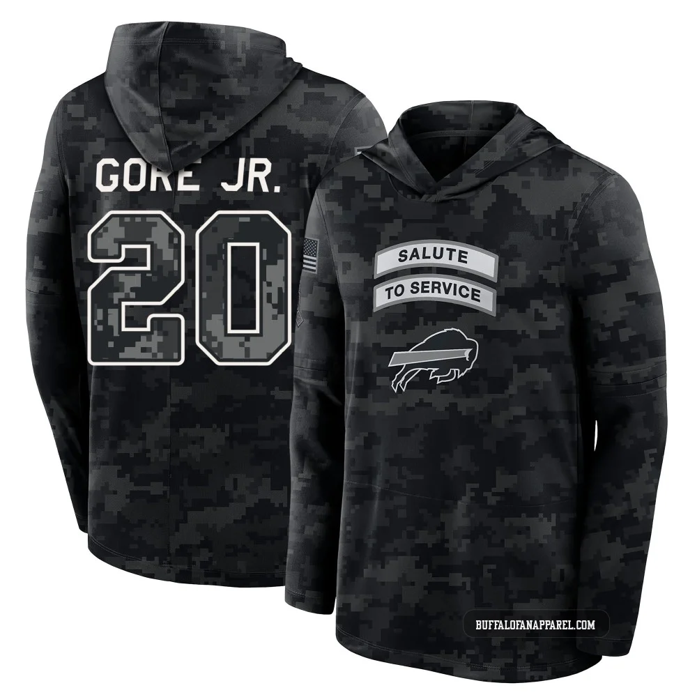Frank Gore Jr. Buffalo Bills ＃20 Black Men's 2026 Salute to Service Sideline Lightweight Hooded Long Sleeve T-Shirt