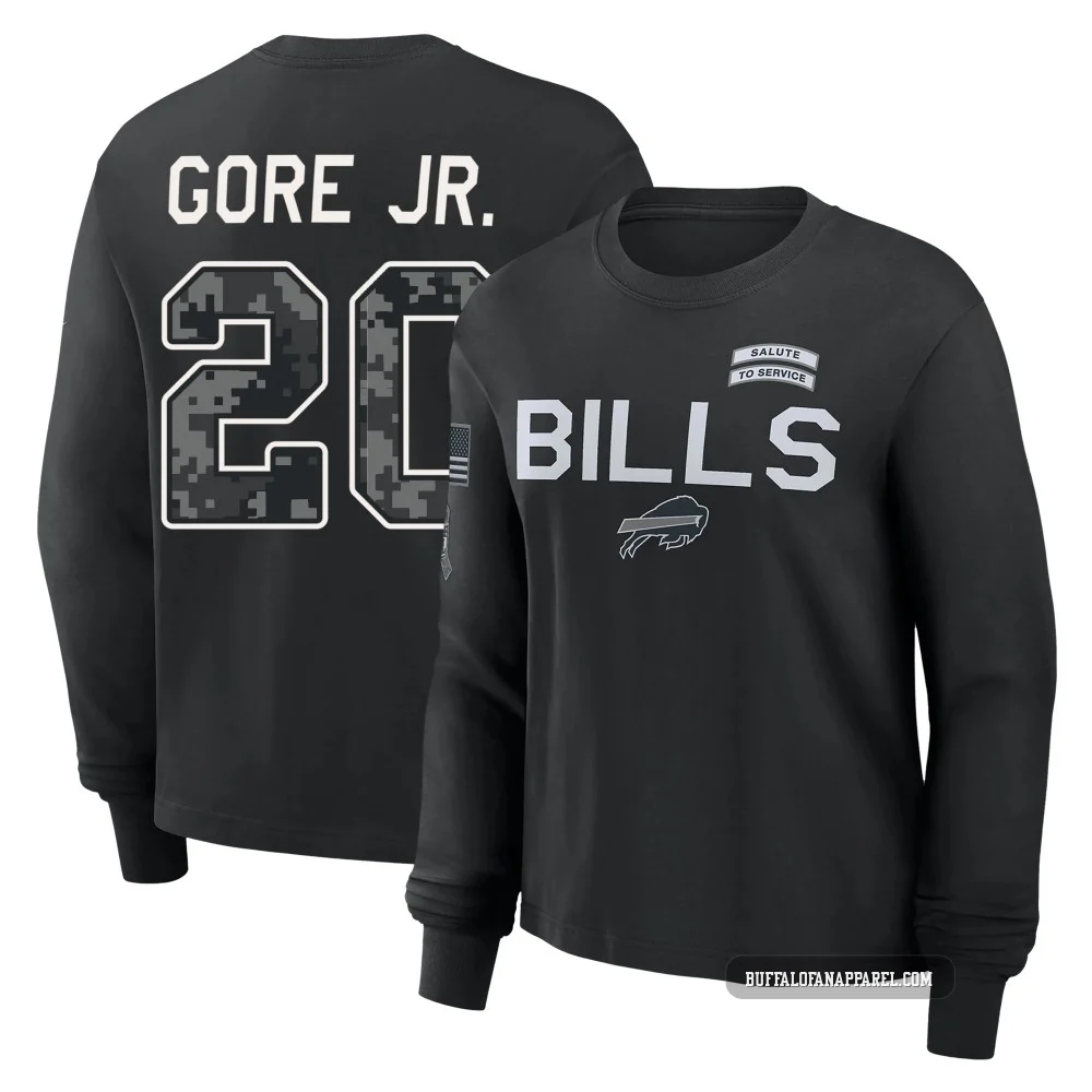 Frank Gore Jr. Buffalo Bills ＃20 Black Women's 2026 Salute to Service Sideline Long Sleeve T-Shirt