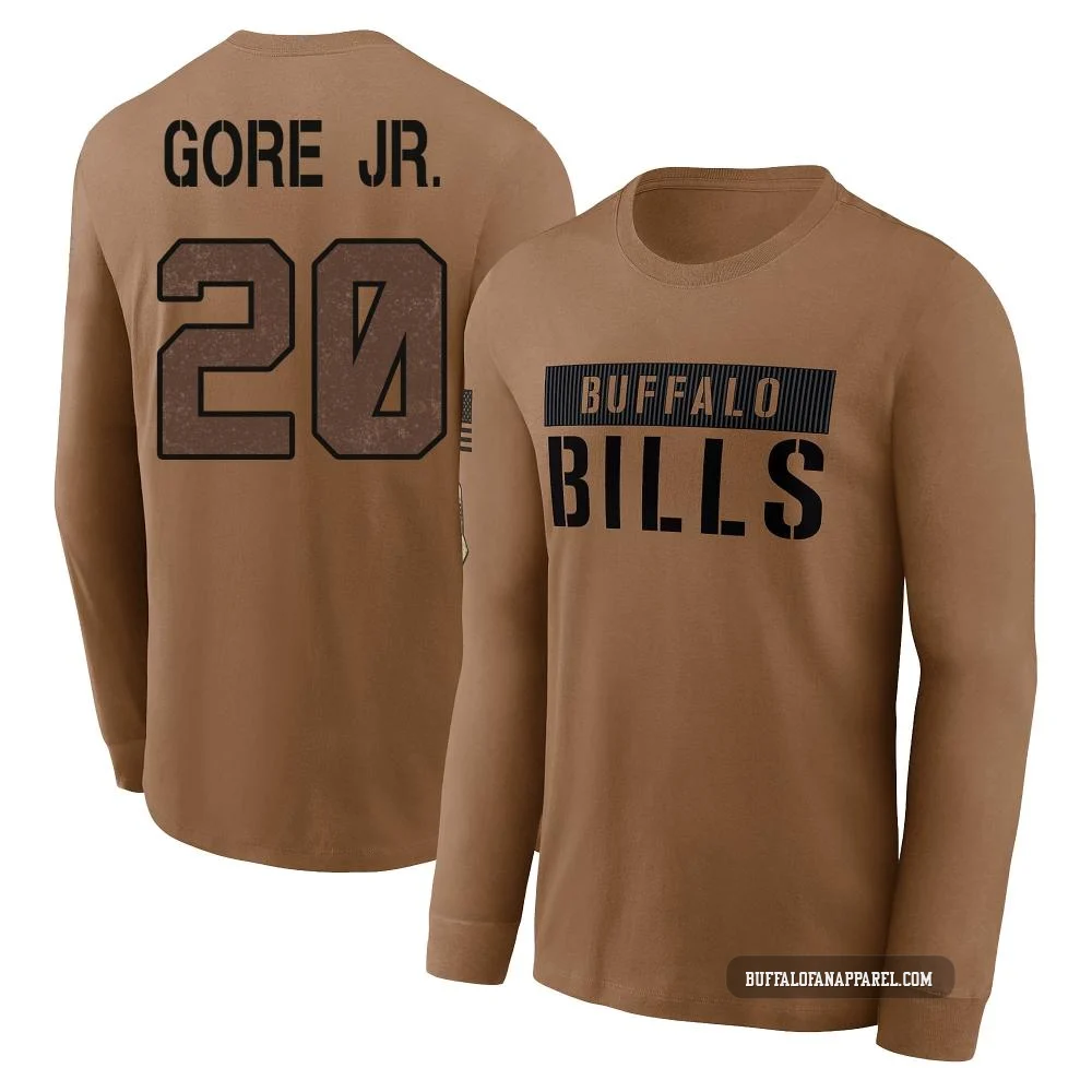 Frank Gore Jr. Buffalo Bills ＃20 Brown Youth 2023 Salute To Service Long Sleeve T-Shirt