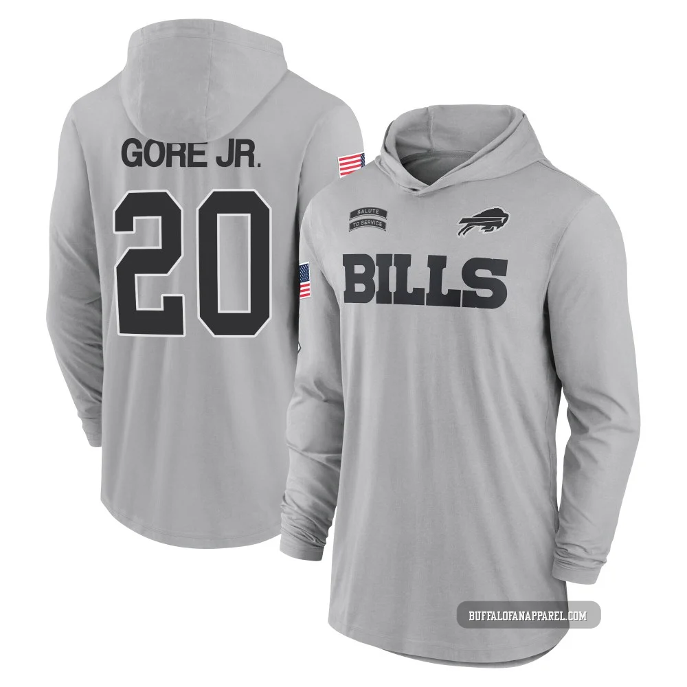 Frank Gore Jr. Buffalo Bills ＃20 Gray Men's 2024 Salute to Service Lightweight Performance Long Sleeve Hooded T-Shirt